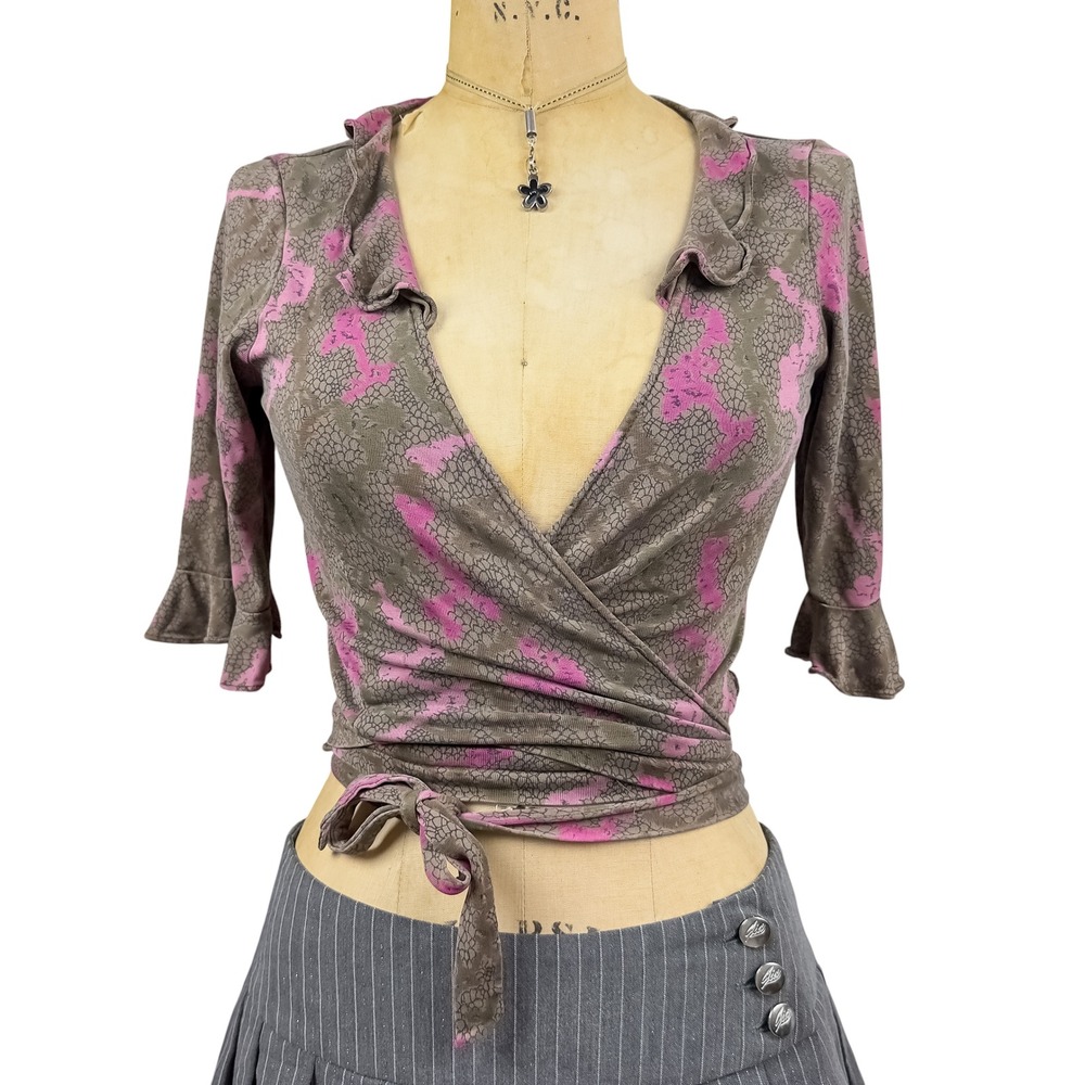 Diane von Furstenberg 100% Silk Wrap Top Ruffle Trim Floral Brown Vintage S - Picture 12 of 12